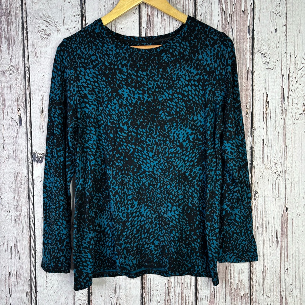Chico’s 1 Women’s Medium Black&Teal Blue Long Sleeve Shirt Blouse Rayon Spandex
